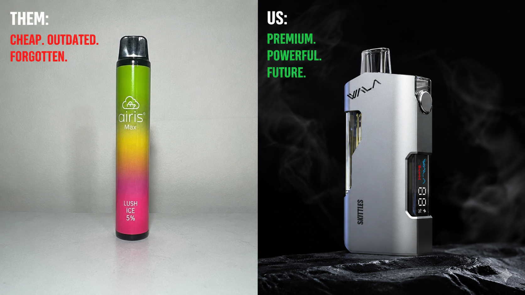 Side-by-side comparison of an ugly outdated vape pen versus a sleek modern vape device with complex cocktail inspired profiles